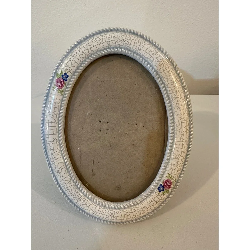 Vintage Oval Crackle Glaze Floral Picture Frame White Pink Blue Shabby Chic